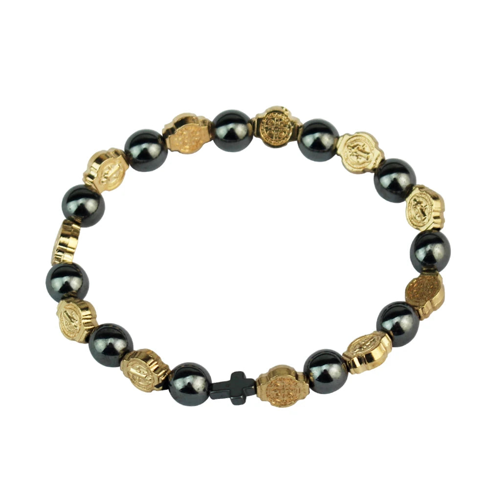 Catholic Rosary St. Benedict Medal Cross Prayer Bracelet – Hematite Religion Jewelry