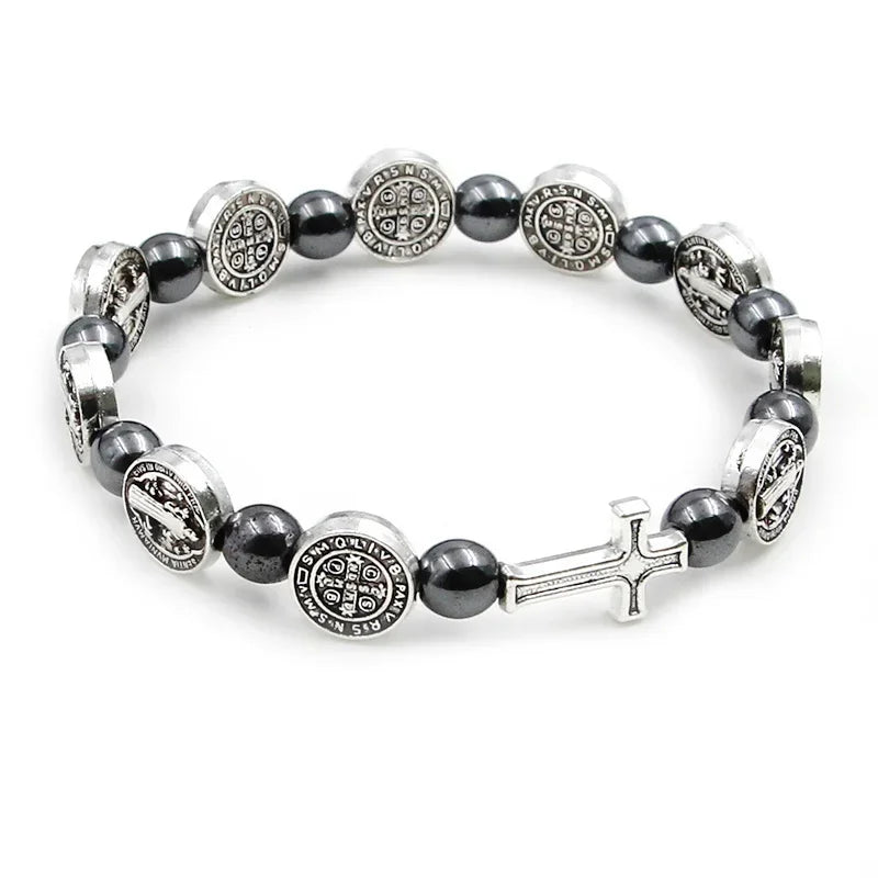 Catholic Rosary St. Benedict Medal Cross Prayer Bracelet – Hematite Religion Jewelry
