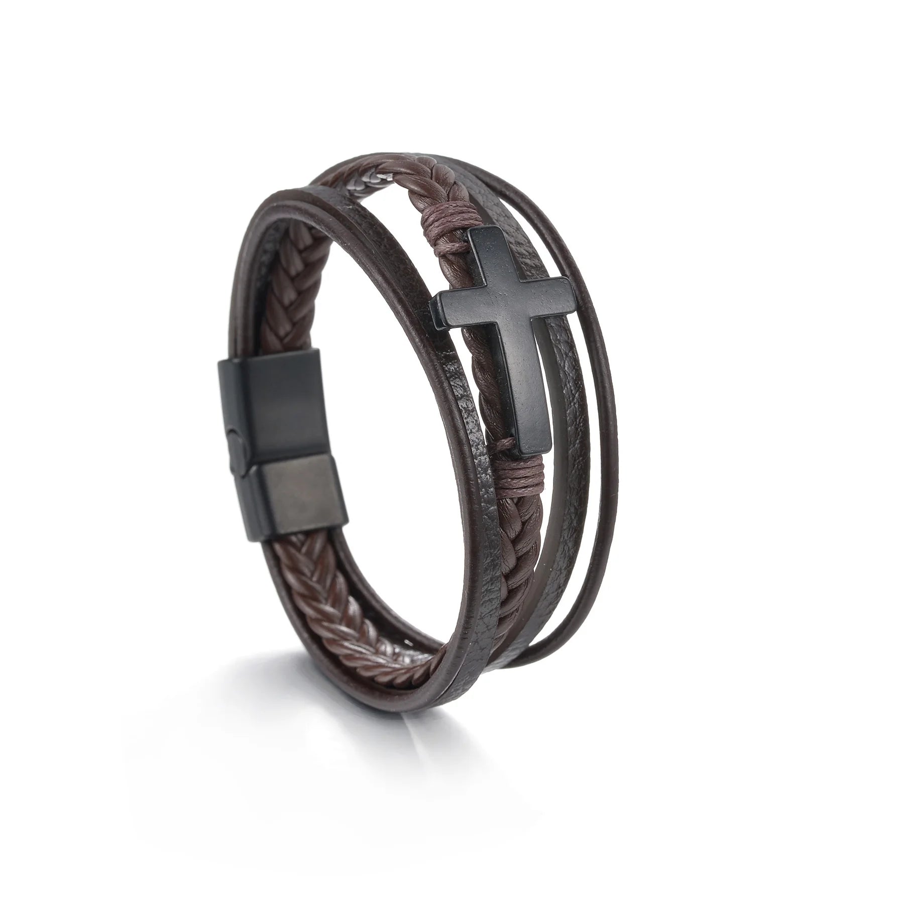 Men’s Multi Layer Leather Cross Bracelet – Braided Stainless Steel Prayer Wristband
