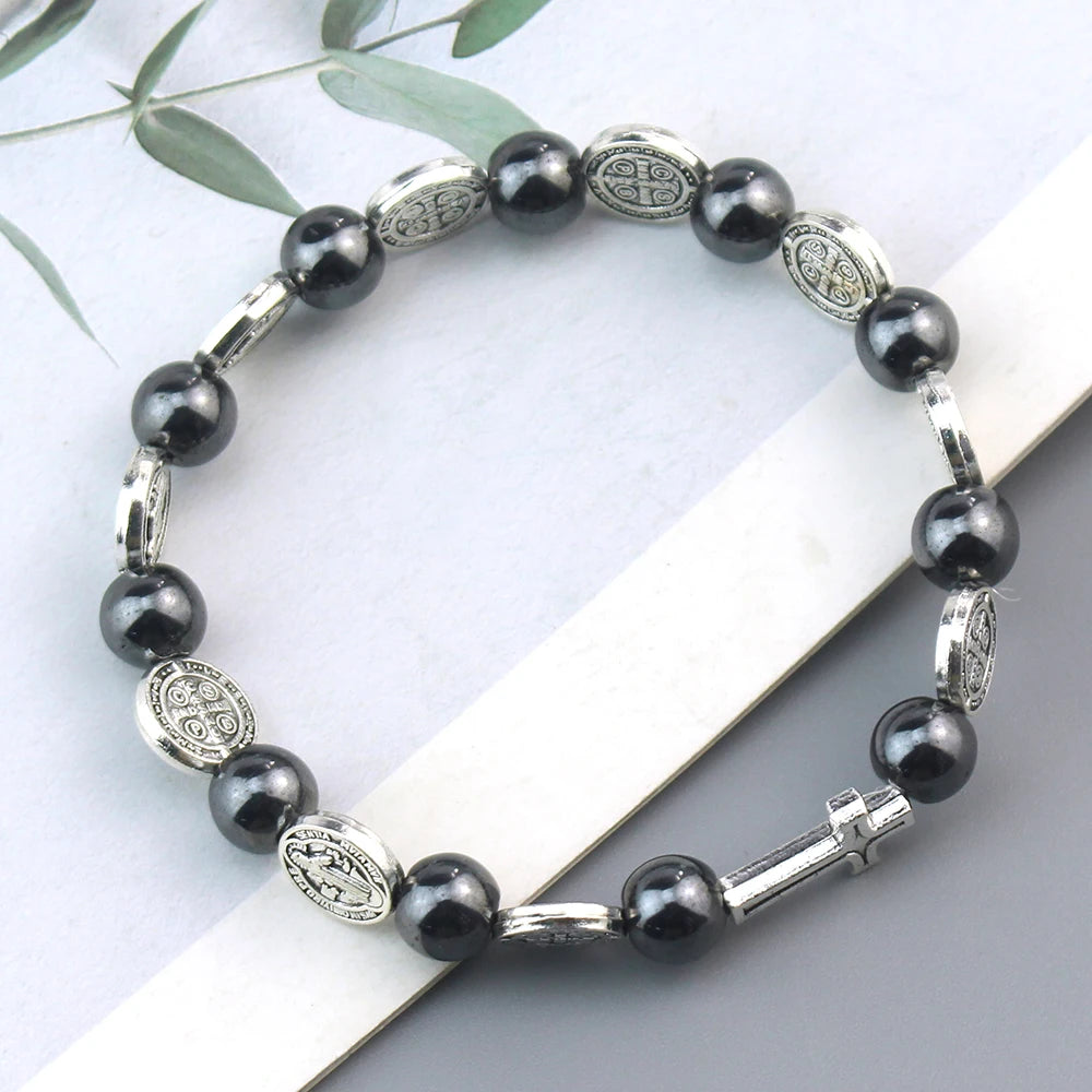 Catholic Rosary St. Benedict Medal Cross Prayer Bracelet – Hematite Religion Jewelry