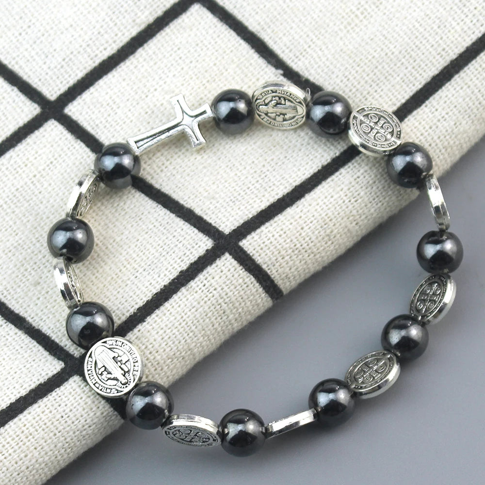 Catholic Rosary St. Benedict Medal Cross Prayer Bracelet – Hematite Religion Jewelry