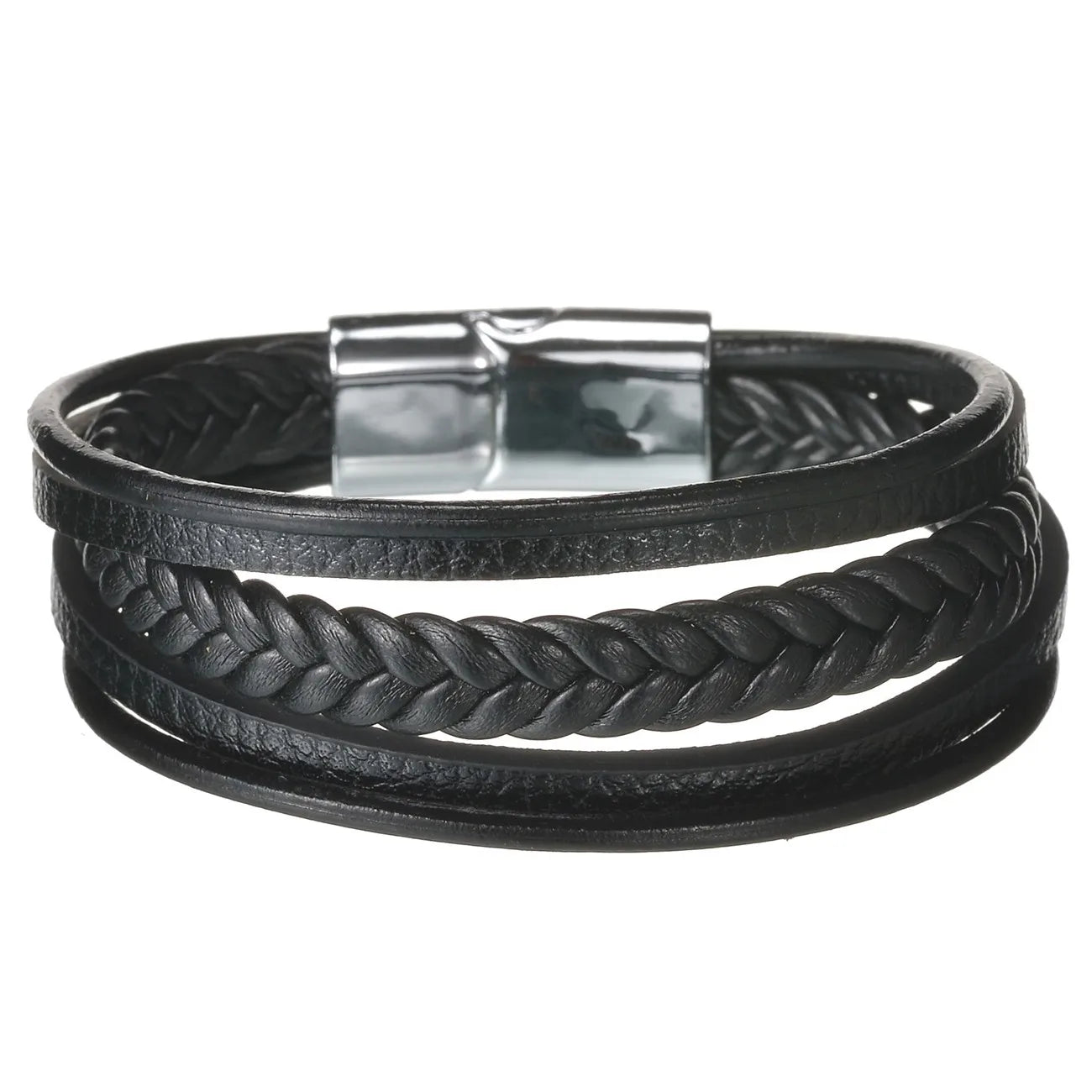 Men’s Multi Layer Leather Cross Bracelet – Braided Stainless Steel Prayer Wristband