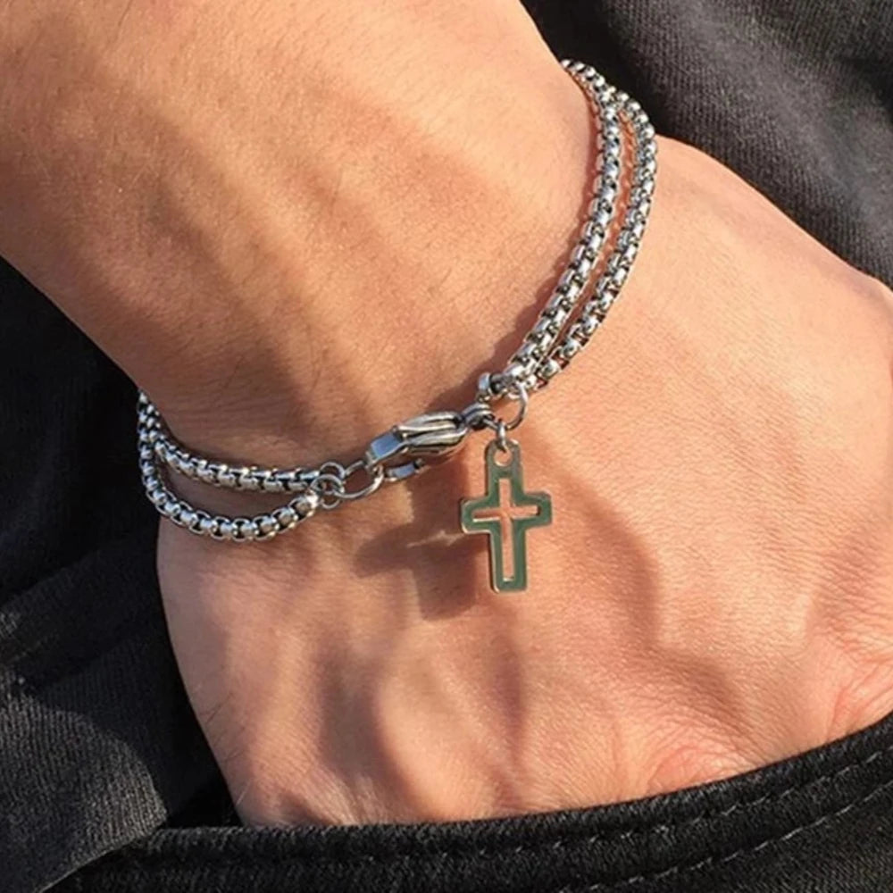 Silver Stainless Steel Double Layer Cross Bracelet – Trendy Christian Men JewelryMen’s Bracelets