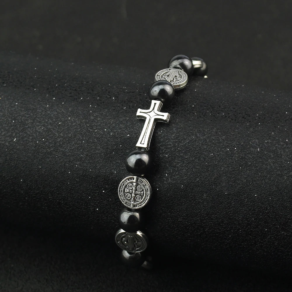 Catholic Rosary St. Benedict Medal Cross Prayer Bracelet – Hematite Religion Jewelry