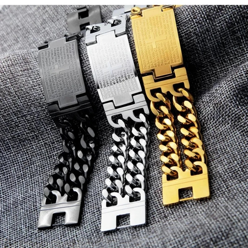 Men’s Stainless Steel Cuban Chain Cross Bracelet – Masculine Christian Hand Jewelry