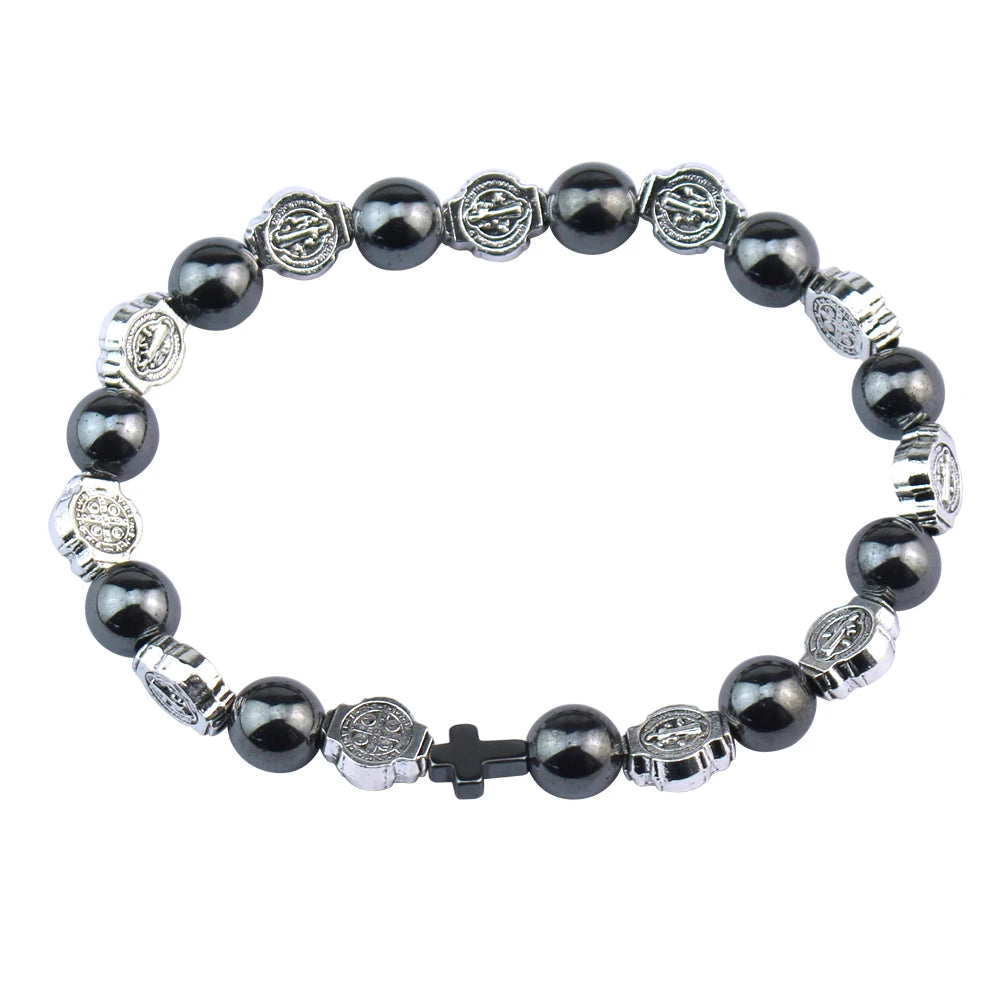 Catholic Rosary St. Benedict Medal Cross Prayer Bracelet – Hematite Religion Jewelry