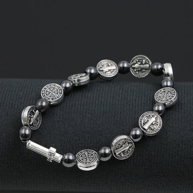 Catholic Rosary St. Benedict Medal Cross Prayer Bracelet – Hematite Religion Jewelry