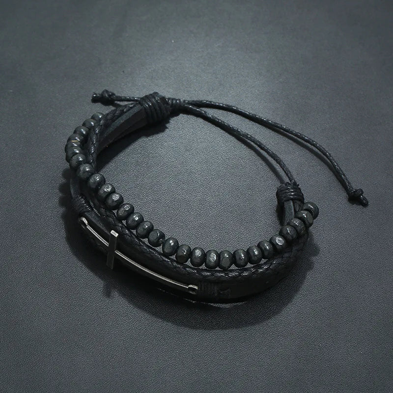Men’s Retro Cross Layer Bracelet – Hand Woven Black Cowhide Leather Jewelry