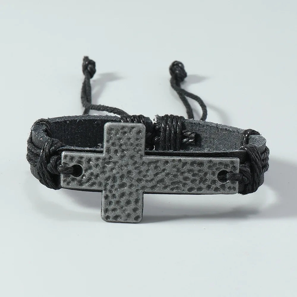 Women’s Vintage Cross Leather Bracelet – Black Brown Braided Christian Jewelry Bangle