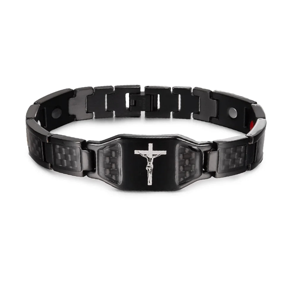 Men’s Carbon Fiber Cross Magnetic Bracelet – Luxury Waterproof Health Energy Jewelry