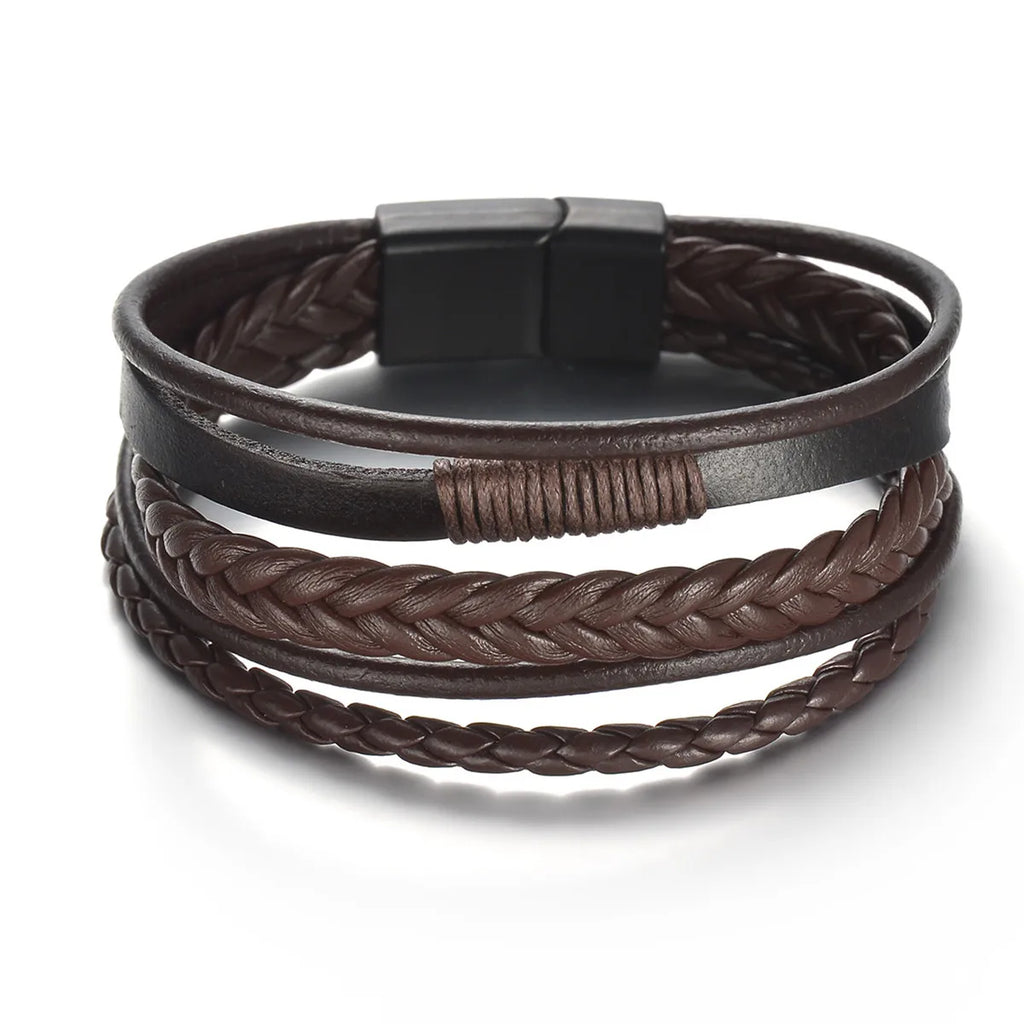 Men’s Multi Layer Leather Cross Bracelet – Braided Stainless Steel Prayer Wristband