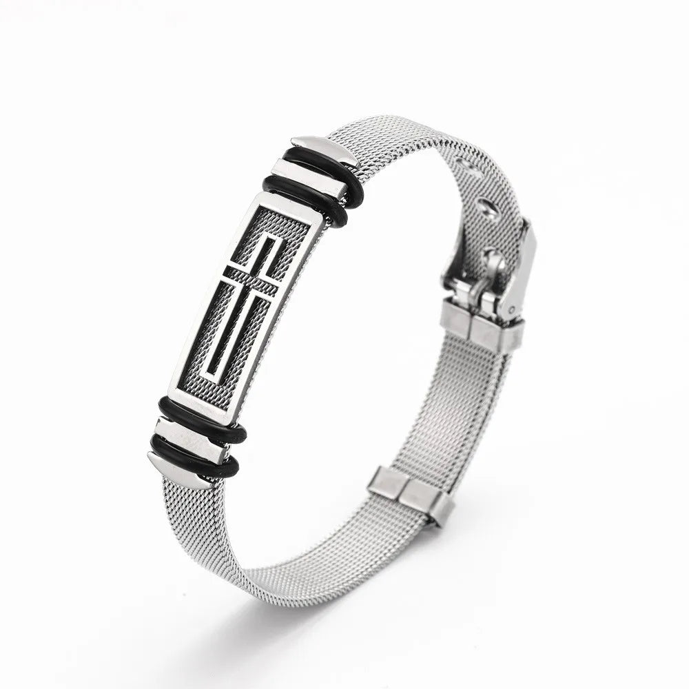 Stainless Steel Cross Cuff Bracelet – Trendy Christian Metal Religious Men Accessory