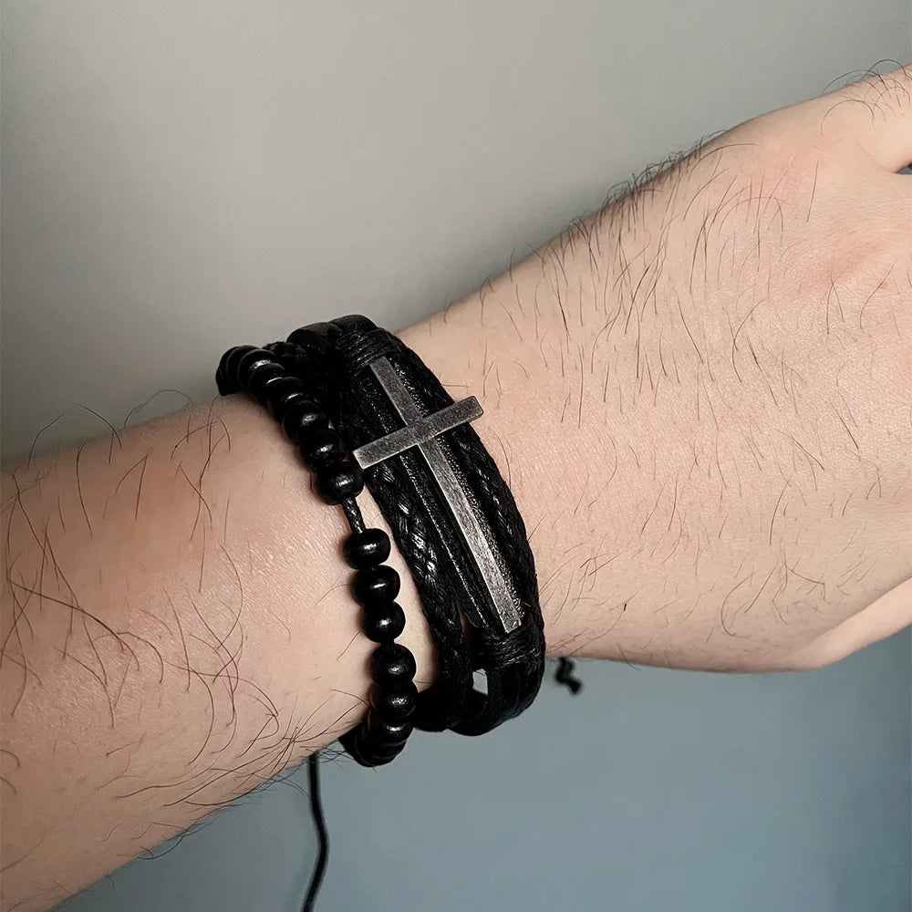 Men’s Retro Cross Layer Bracelet – Hand Woven Black Cowhide Leather Jewelry