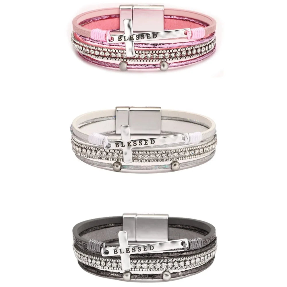 Bohemian Rhinestone Cross Leather Bracelet – Layered Wrap Christian Jewelry For Women