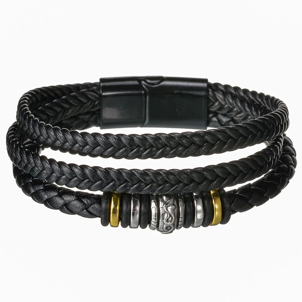 Men’s Multi Layer Leather Cross Bracelet – Braided Stainless Steel Prayer Wristband