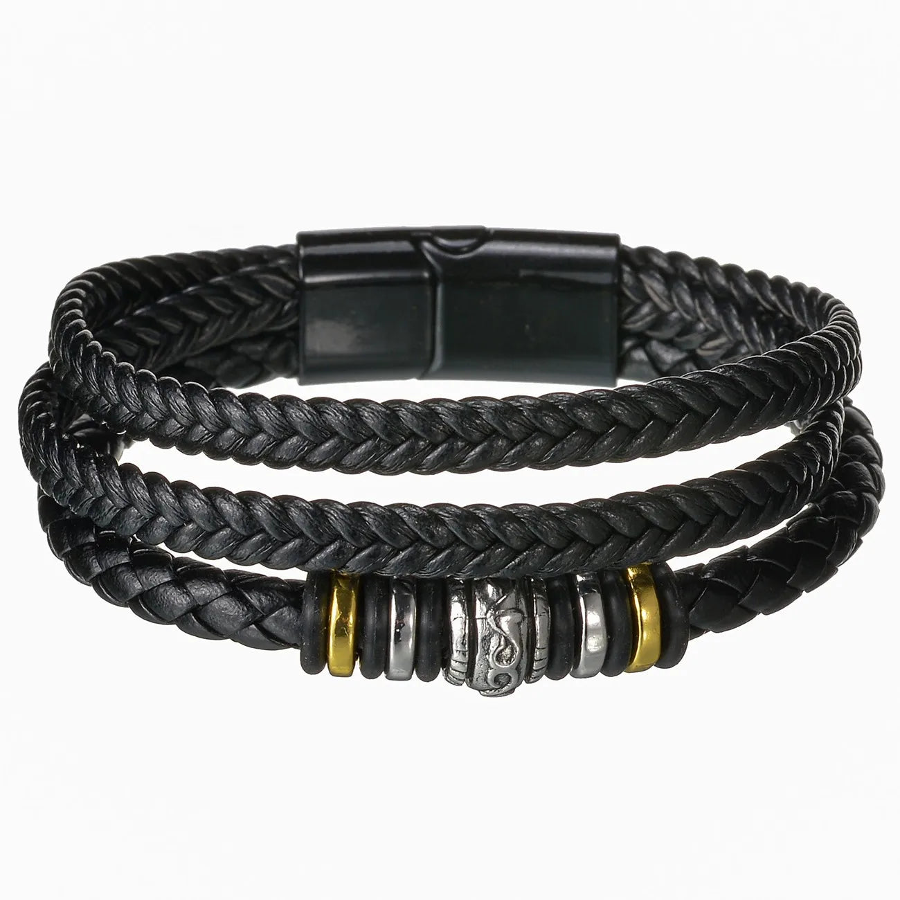 Men’s Multi Layer Leather Cross Bracelet – Braided Stainless Steel Prayer Wristband