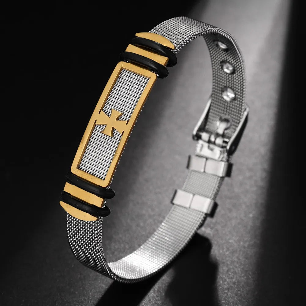 Stainless Steel Cross Cuff Bracelet – Trendy Christian Metal Religious Men Accessory