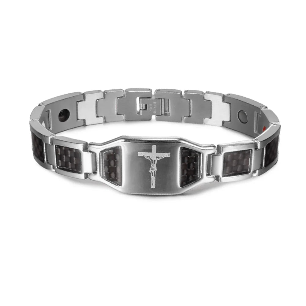 Men’s Carbon Fiber Cross Magnetic Bracelet – Luxury Waterproof Health Energy Jewelry