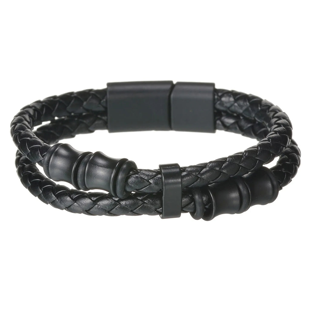 Men’s Multi Layer Leather Cross Bracelet – Braided Stainless Steel Prayer Wristband