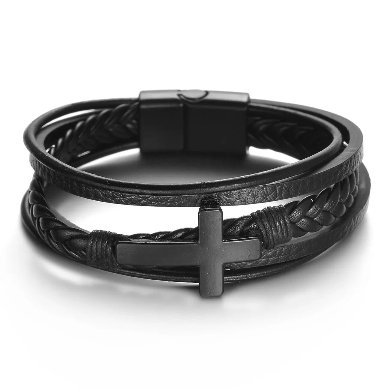 Men’s Multi Layer Leather Cross Bracelet – Braided Stainless Steel Prayer Wristband