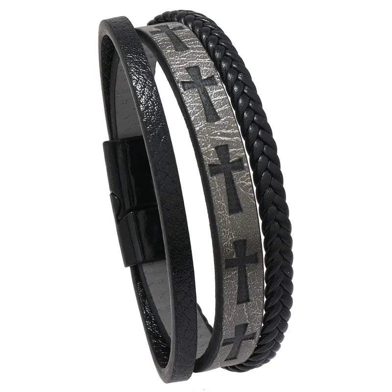 Black Leather Cross Cuff Bracelet – Unique Punk Vintage Men Wristband