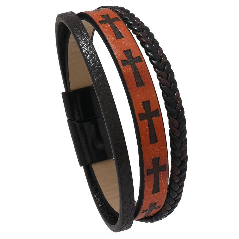 Black Leather Cross Cuff Bracelet – Unique Punk Vintage Men Wristband
