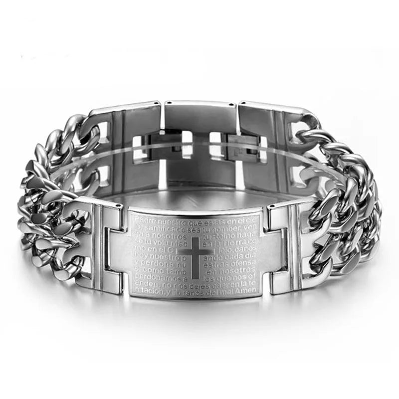 Men’s Stainless Steel Cuban Chain Cross Bracelet – Masculine Christian Hand Jewelry
