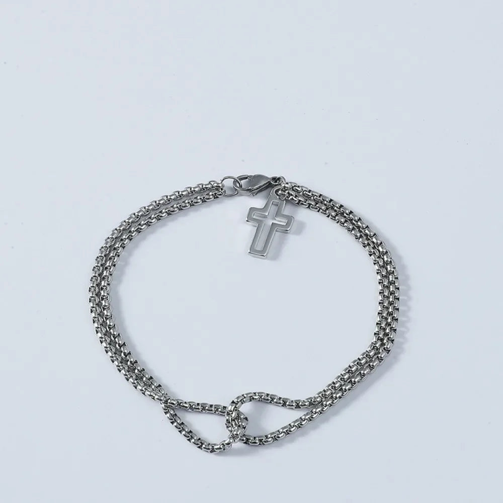 Silver Stainless Steel Double Layer Cross Bracelet – Trendy Christian Men JewelryMen’s Bracelets