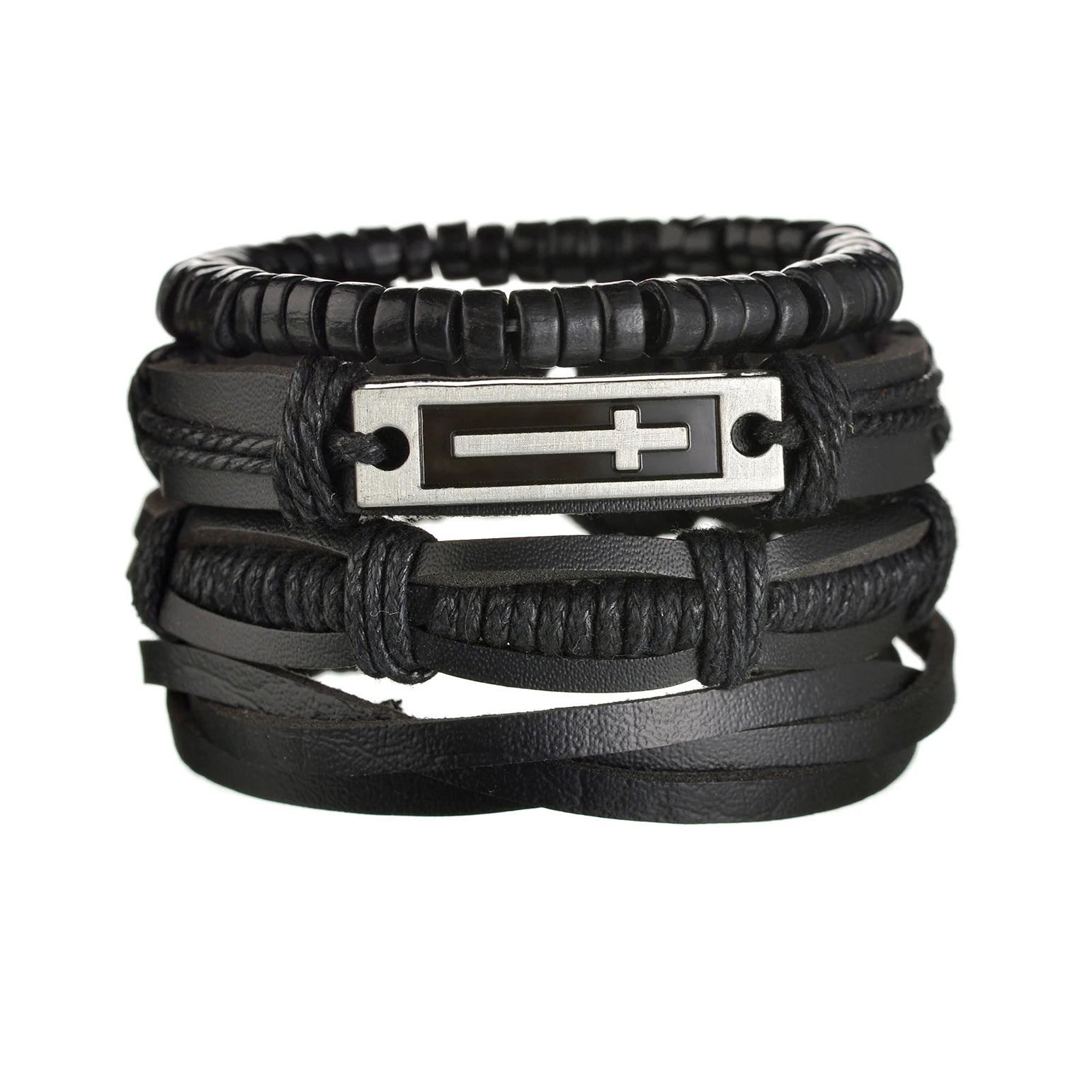 Men’s Multi Layer Leather Cross Bracelet – Braided Stainless Steel Prayer Wristband