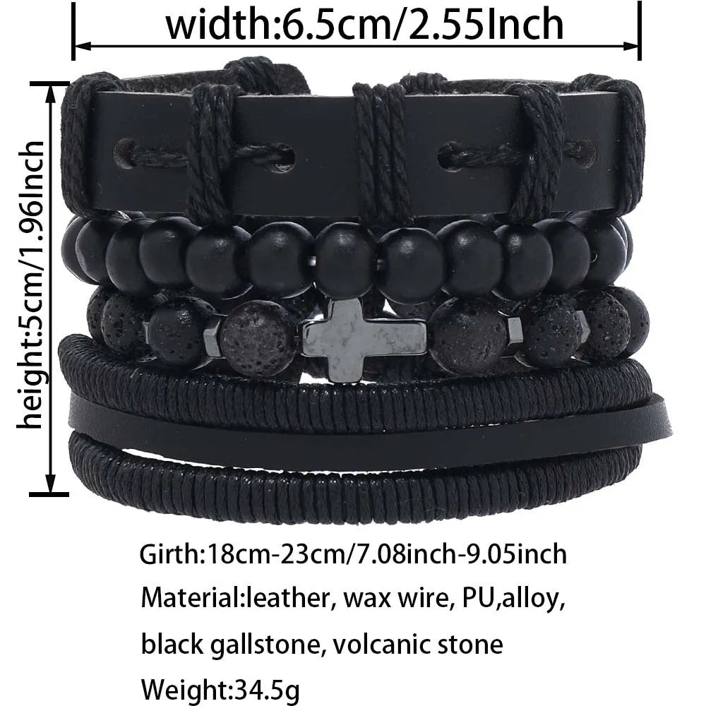 Black Stone Cross Leather Bracelet Set – Hand Woven Multilayer Men’s Jewelry