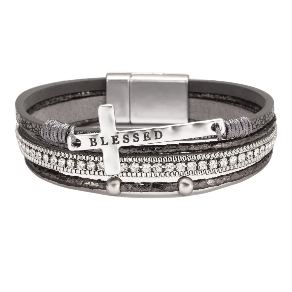 Bohemian Rhinestone Cross Leather Bracelet – Layered Wrap Christian Jewelry For Women