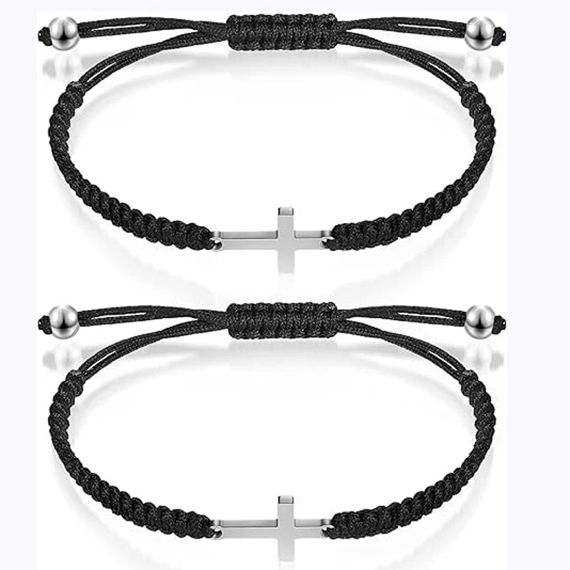 Handmade Black String Rope Cross Bracelet Set – Matching Christian Friendship Gift