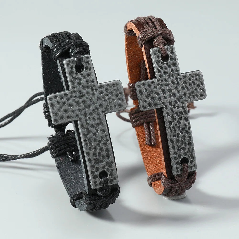 Women’s Vintage Cross Leather Bracelet – Black Brown Braided Christian Jewelry Bangle