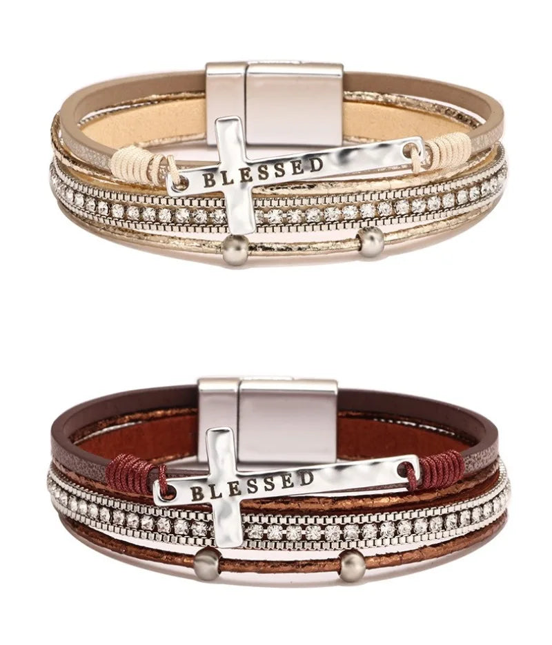 Bohemian Rhinestone Cross Leather Bracelet – Layered Wrap Christian Jewelry For Women