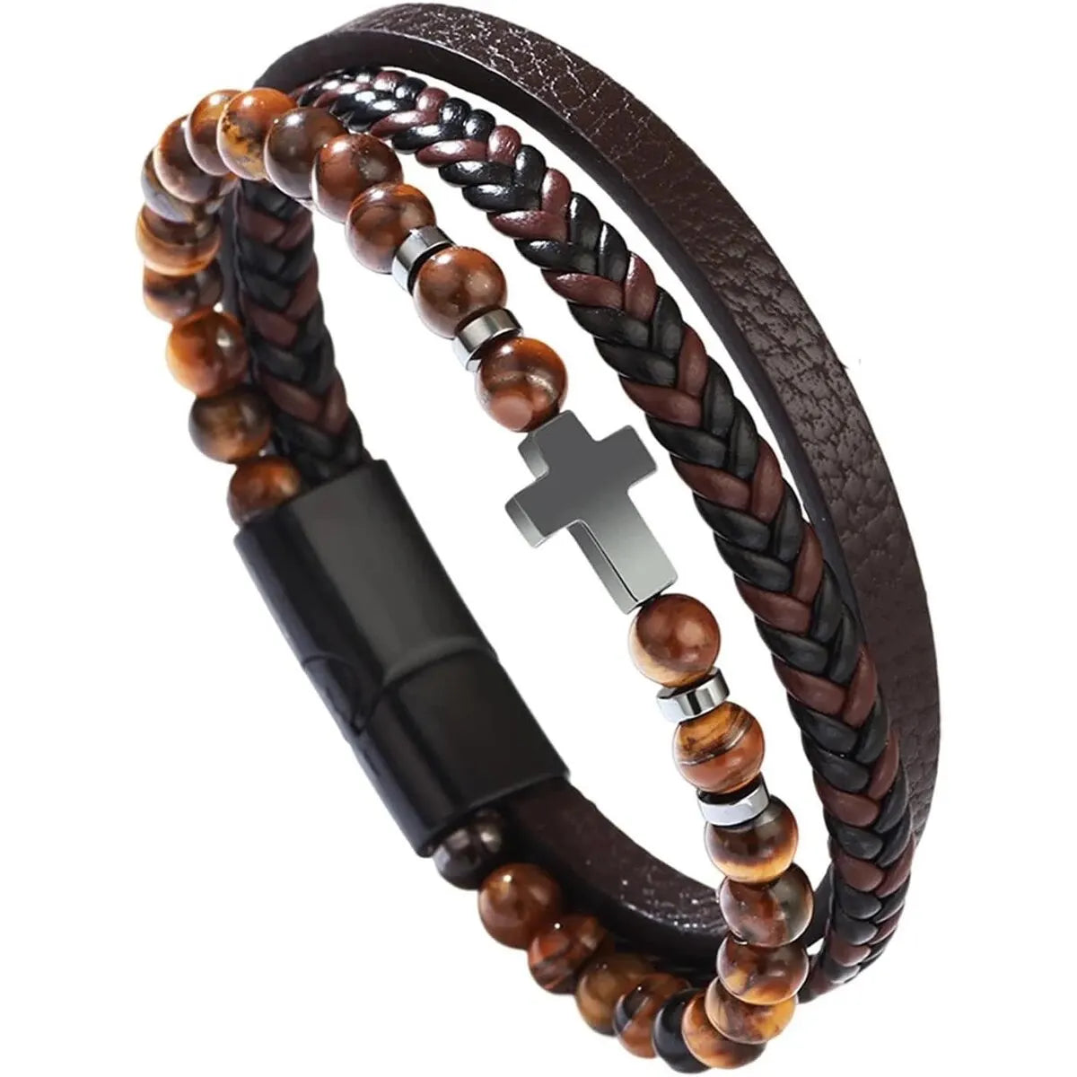 Men’s Multi Strand Woven Cross Bracelet – Braided Cuff Wristband Christian Jewelry