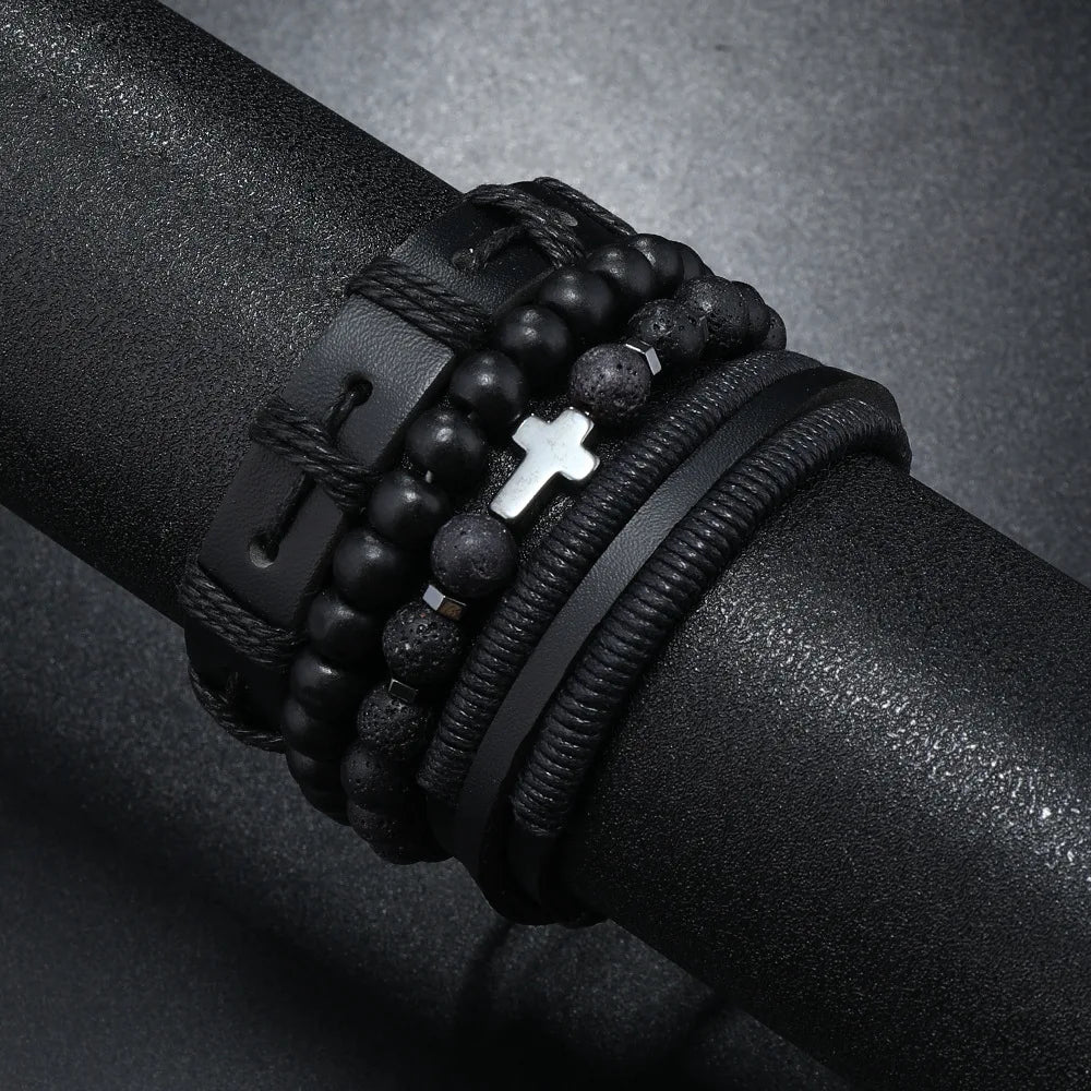 Black Stone Cross Leather Bracelet Set – Hand Woven Multilayer Men’s Jewelry