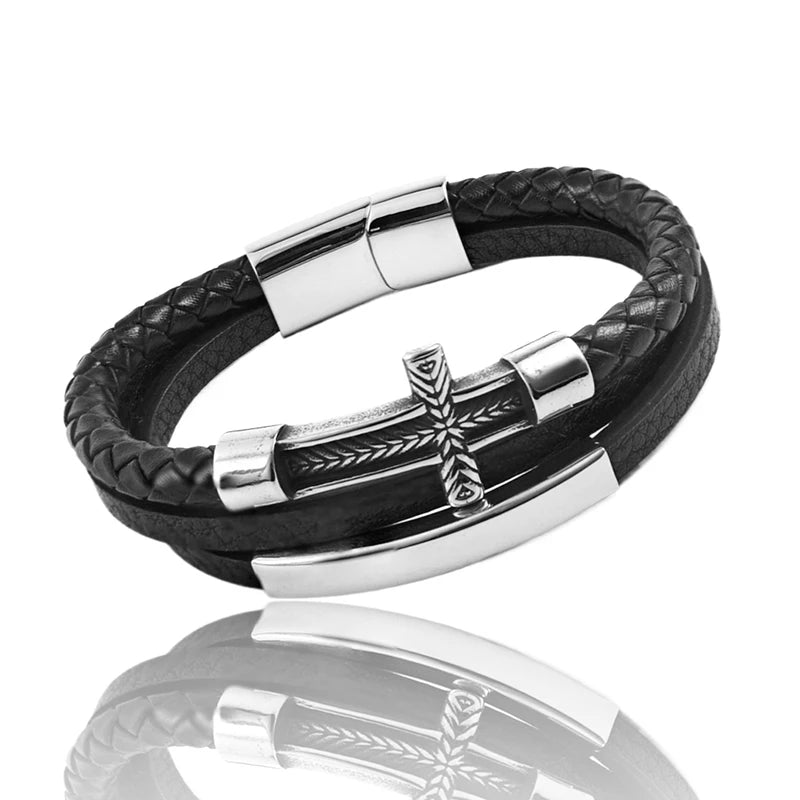 Men’s Cross Braid Leather Bracelet – Stainless Steel Magnetic Buckle Woven Jewelry