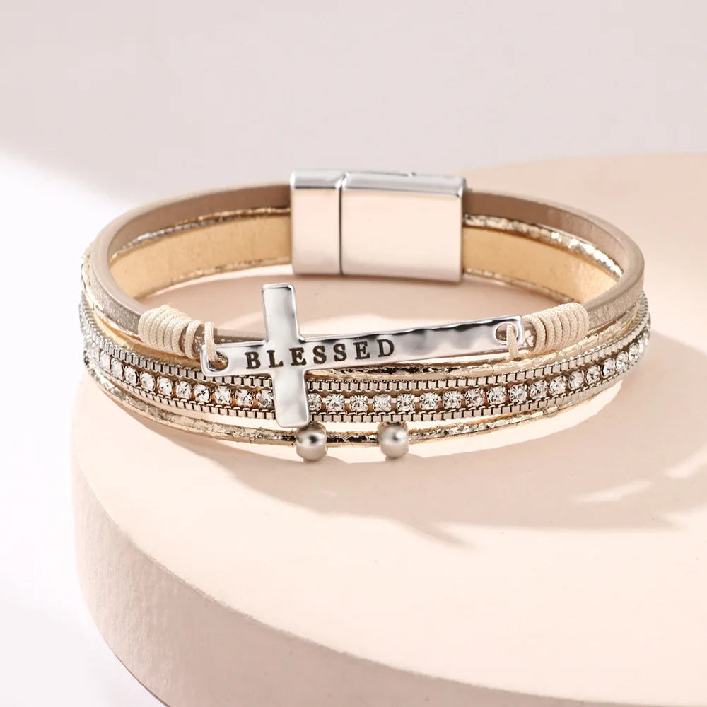 Bohemian Rhinestone Cross Leather Bracelet – Layered Wrap Christian Jewelry For Women