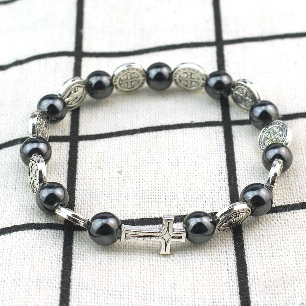 Catholic Rosary St. Benedict Medal Cross Prayer Bracelet – Hematite Religion Jewelry