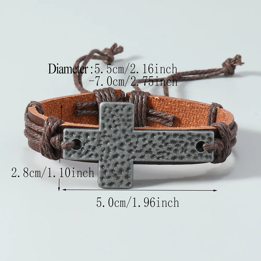 Women’s Vintage Cross Leather Bracelet – Black Brown Braided Christian Jewelry Bangle