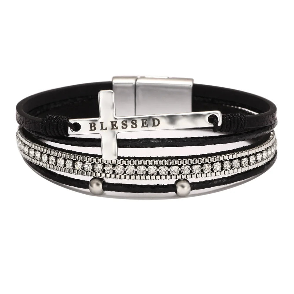 Bohemian Rhinestone Cross Leather Bracelet – Layered Wrap Christian Jewelry For Women