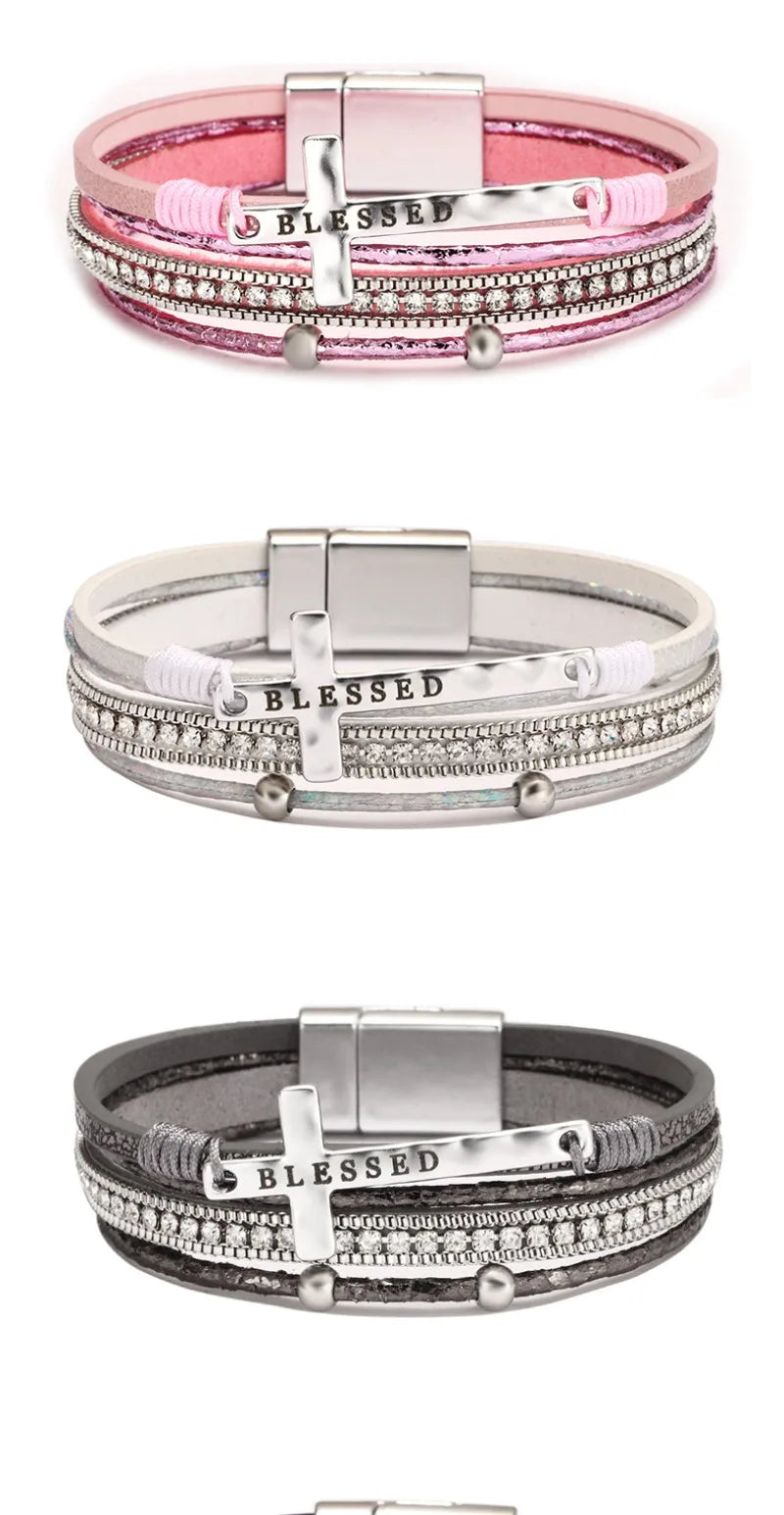 Bohemian Rhinestone Cross Leather Bracelet – Layered Wrap Christian Jewelry For Women