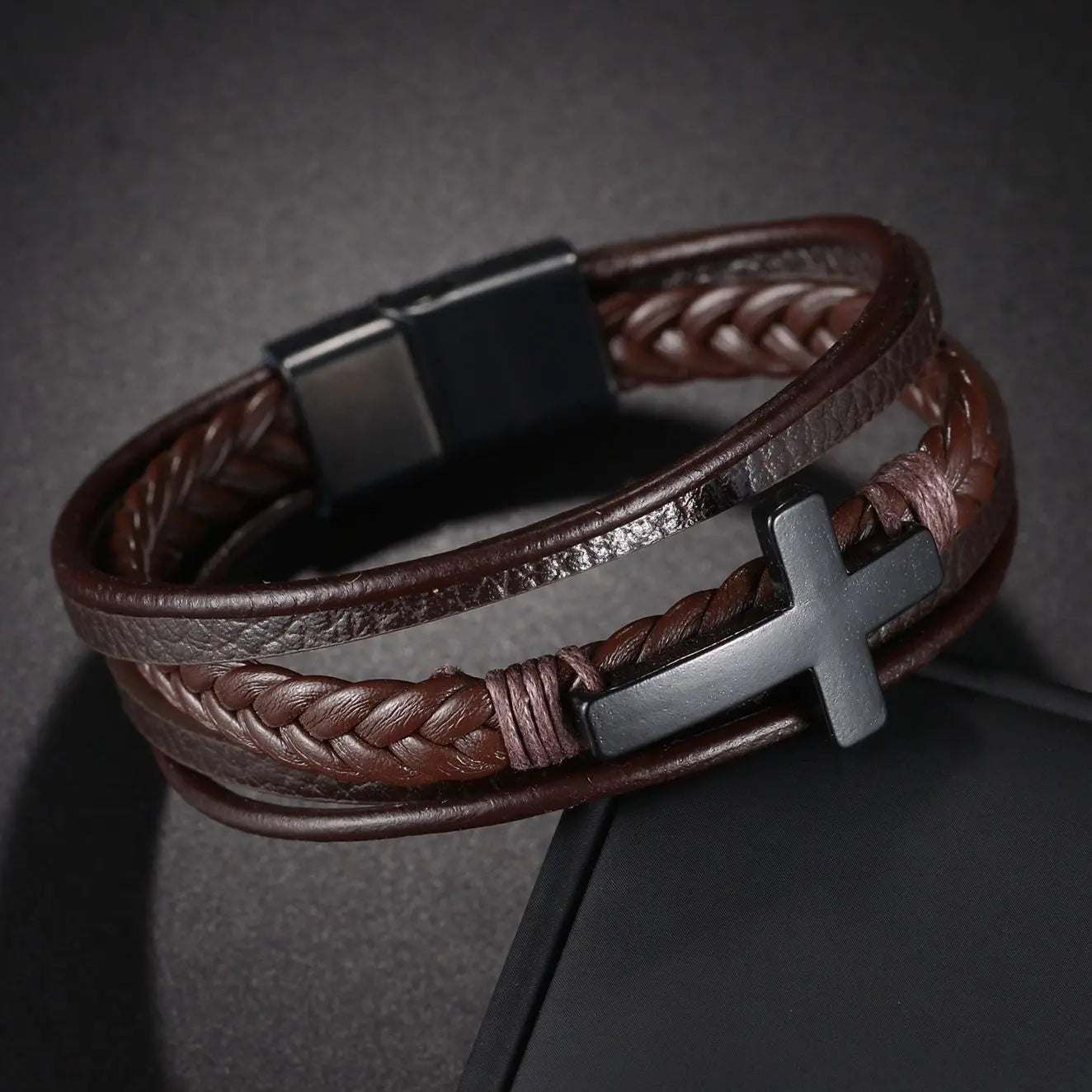 Men’s Multi Layer Leather Cross Bracelet – Braided Stainless Steel Prayer Wristband