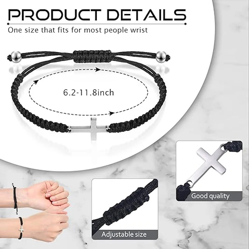 Handmade Black String Rope Cross Bracelet Set – Matching Christian Friendship Gift