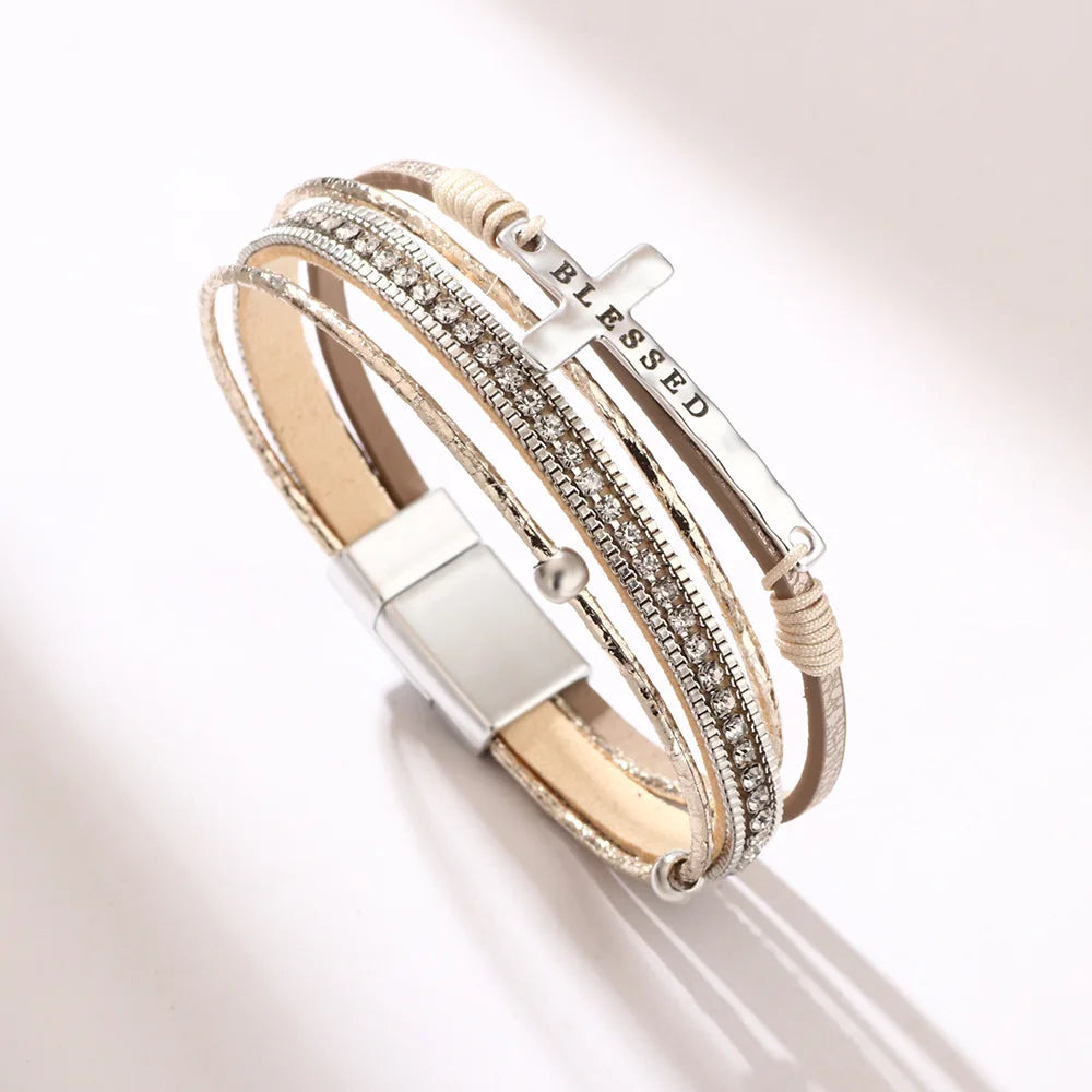 Bohemian Rhinestone Cross Leather Bracelet – Layered Wrap Christian Jewelry For Women