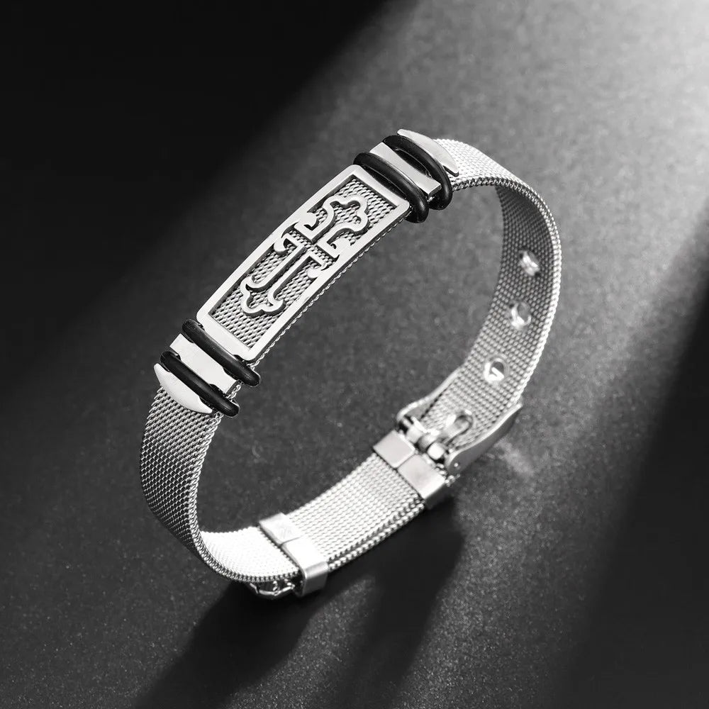 Stainless Steel Cross Cuff Bracelet – Trendy Christian Metal Religious Men Accessory