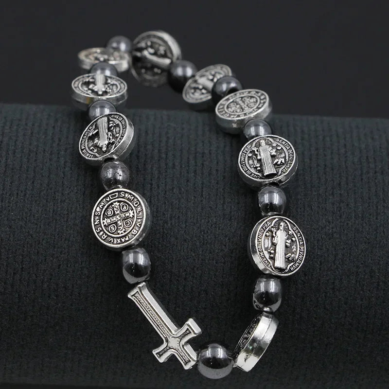 Catholic Rosary St. Benedict Medal Cross Prayer Bracelet – Hematite Religion Jewelry