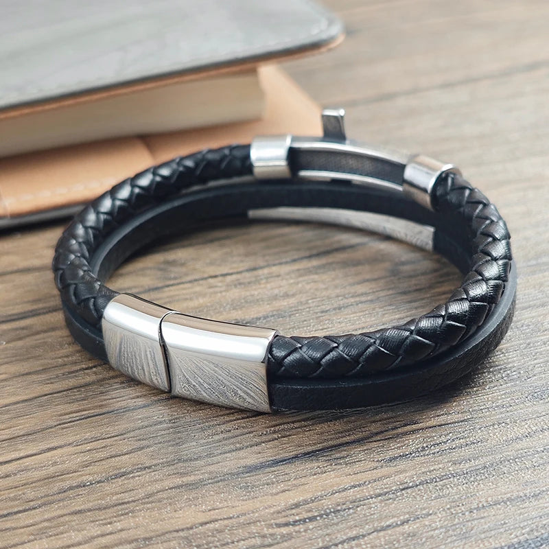 Men’s Cross Braid Leather Bracelet – Stainless Steel Magnetic Buckle Woven Jewelry