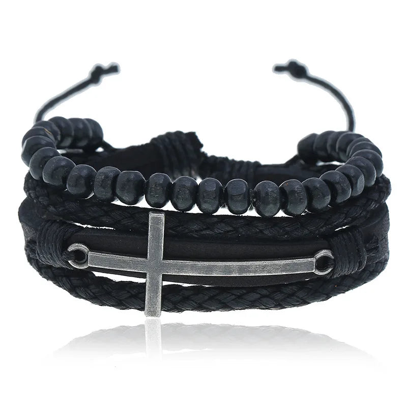 Men’s Retro Cross Layer Bracelet – Hand Woven Black Cowhide Leather Jewelry
