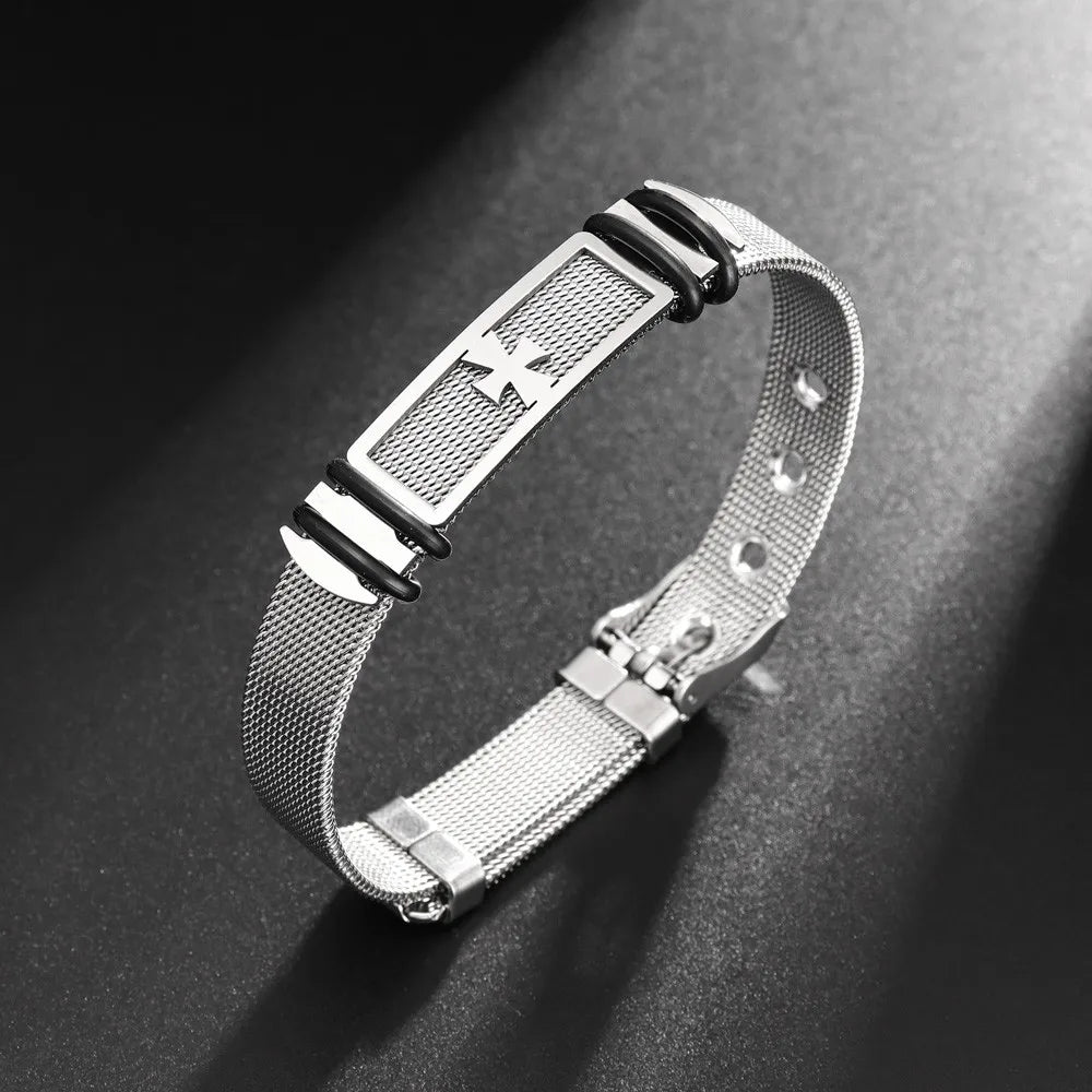 Stainless Steel Cross Cuff Bracelet – Trendy Christian Metal Religious Men Accessory